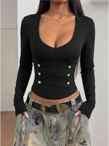 StreetHx Streetwear Women's Autumn Napoleon Style Long Sleeve T-Shirt - Black - View 8