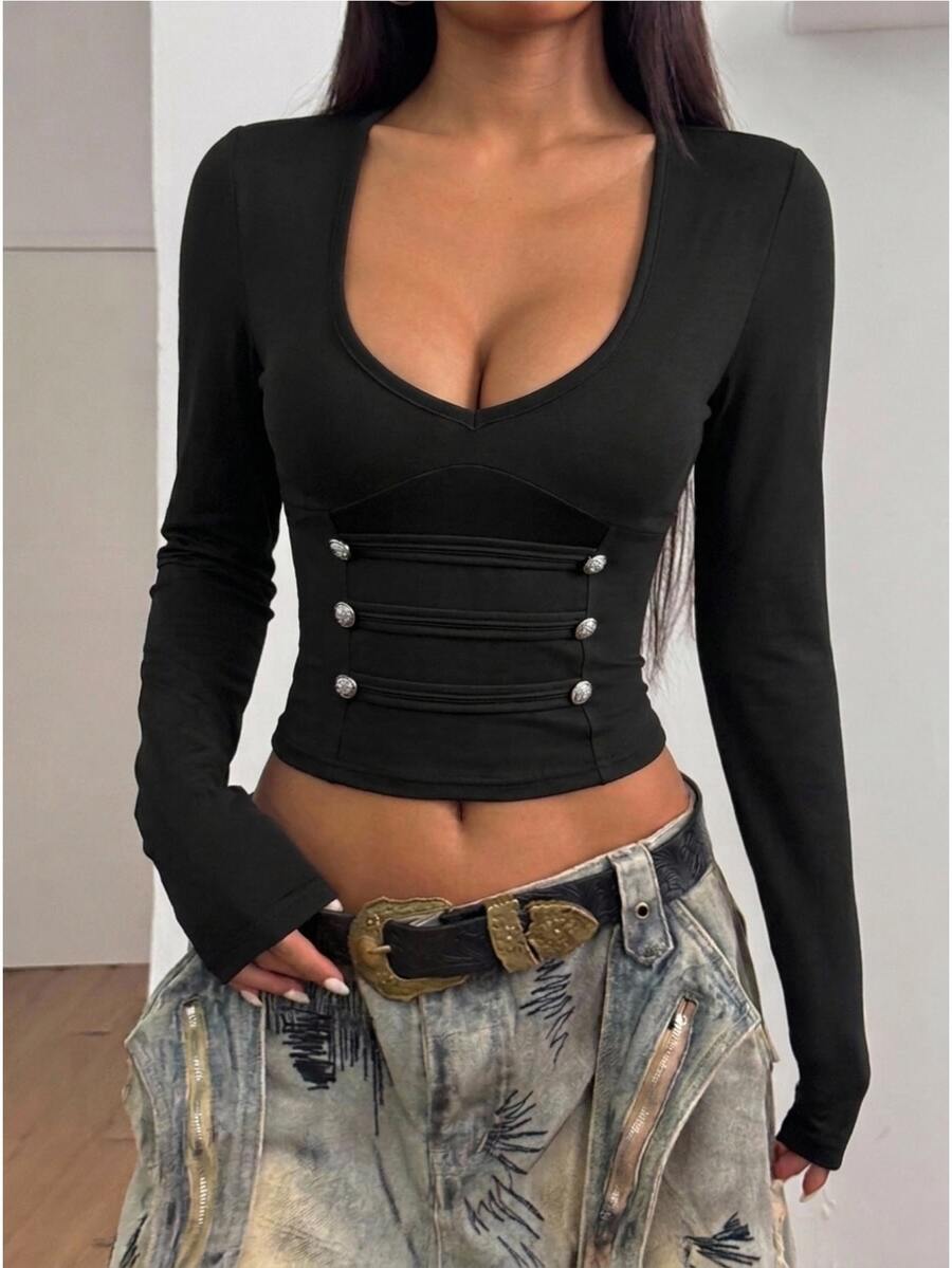 StreetHx Streetwear Women's Autumn Napoleon Style Long Sleeve T-Shirt - Black - View 1