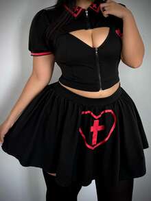 Whyspr Halloween Cosplay Black & Red Contrast Puff Short Sleeve DHeart & Cross Dark Shiny Nurse Uniform Set, - Black - View 4