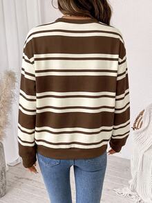 SHEIN LUNE Brown Striped Long Sleeve Back To School Commuter Travel Fashion Versatile Women's Sweatshirt Autumn Casual - White - View 6