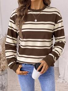 SHEIN LUNE Brown Striped Long Sleeve Back To School Commuter Travel Fashion Versatile Women's Sweatshirt Autumn Casual - White - View 8