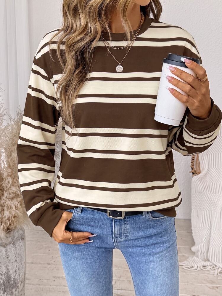 SHEIN LUNE Brown Striped Long Sleeve Back To School Commuter Travel Fashion Versatile Women's Sweatshirt Autumn Casual - White - View 5