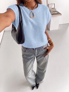 Siren Gaze Women's Solid Color Round Neck Batwing Short Sleeve Casual Knit Top - Blue - View 6