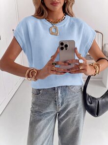 Siren Gaze Women's Solid Color Round Neck Batwing Short Sleeve Casual Knit Top - Blue - View 3