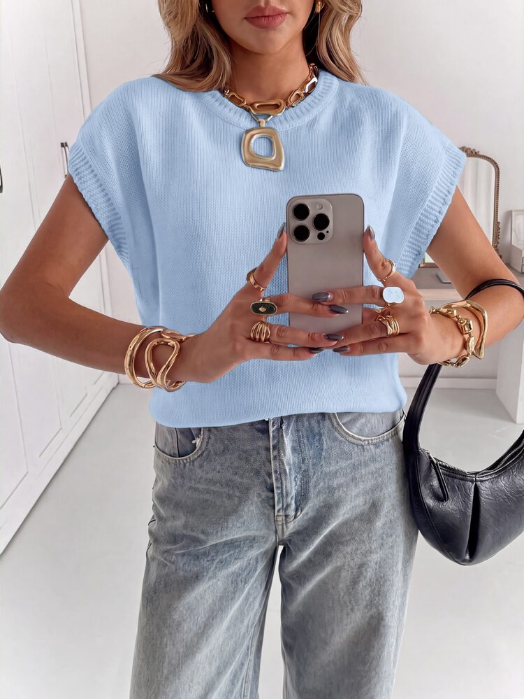 Siren Gaze Women's Solid Color Round Neck Batwing Short Sleeve Casual Knit Top - Blue - View 3