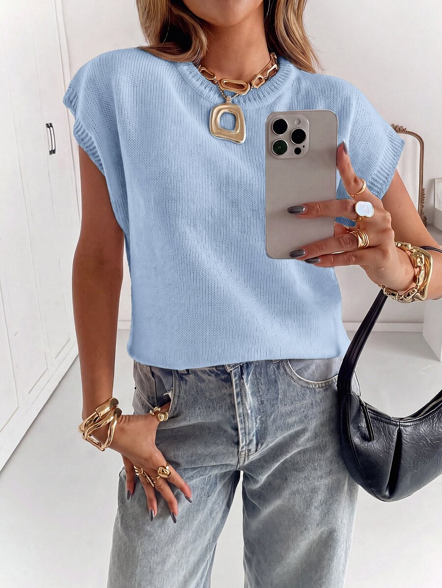 Siren Gaze Women's Solid Color Round Neck Batwing Short Sleeve Casual Knit Top - Blue - View 1