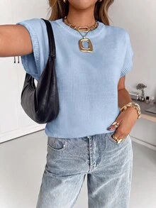 Siren Gaze Women's Solid Color Round Neck Batwing Short Sleeve Casual Knit Top - Blue - View 4