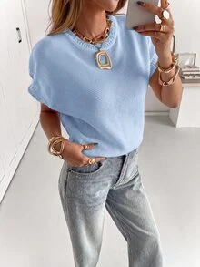 Siren Gaze Women's Solid Color Round Neck Batwing Short Sleeve Casual Knit Top - Blue - View 5