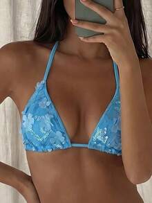 Costavie Floral Sequin Textured Halter Neck Triangle Bikini Top, Blue, For Spring/Summer Beach Vacation - Blue - View 3