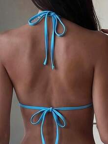 Costavie Floral Sequin Textured Halter Neck Triangle Bikini Top, Blue, For Spring/Summer Beach Vacation - Blue - View 2