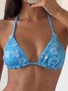 Costavie Floral Sequin Textured Halter Neck Triangle Bikini Top, Blue, For Spring/Summer Beach Vacation - Blue - View 5