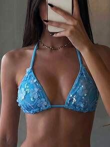 Costavie Floral Sequin Textured Halter Neck Triangle Bikini Top, Blue, For Spring/Summer Beach Vacation - Blue - View 4