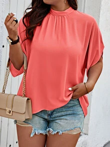 SHEIN Unity Plus Size Women's Solid Color Stand Collar Batwing Short Sleeve Casual Shirt Chic - Coral Orange - View 3