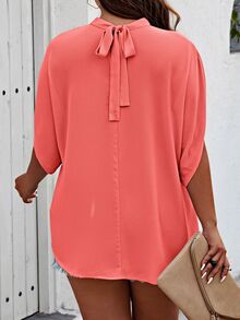 SHEIN Unity Plus Size Women's Solid Color Stand Collar Batwing Short Sleeve Casual Shirt Chic - Coral Orange - View 2