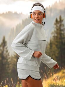 Exploreva Setelan Olahraga Wanita Abu-abu Lengan Panjang dengan Resleting Setengah dan Celana Pendek - Light Grey - View 8