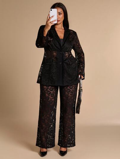 SHEIN BAE CURVE Plus Size Black Lace Mid-Length Blazer,Commuter Fashion, Essentials, Lapel, Long-Sleeved Lace See-Through Slim Fit, Elegant Black Blazer, Halloween.