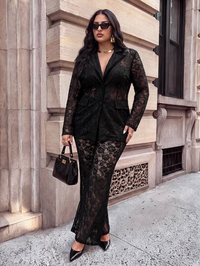 SHEIN BAE CURVE Plus Size Black Lace Mid-Length Blazer,Commuter Fashion, Essentials, Lapel, Long-Sleeved Lace See-Through Slim Fit, Elegant Black Blazer, Halloween.