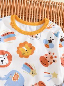 SHEIN Baby Boy Baby Girl Snug Fit Cute Animal Pattern Ribbed Crew Neck Long Sleeve Top And Pajama Pants Set 2pcs, Christmas, New Year, Pajama,Halloween Fall - White - View 3