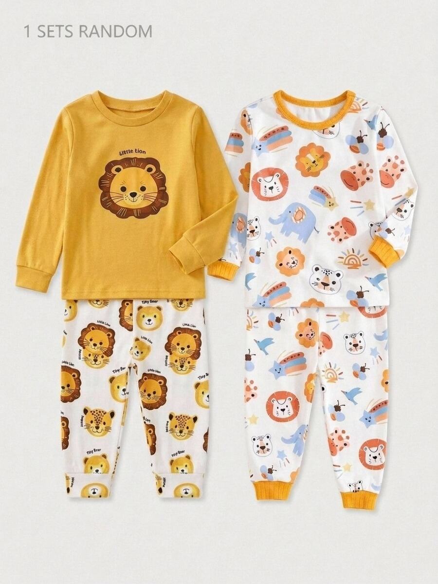 SHEIN Baby Boy Baby Girl Snug Fit Cute Animal Pattern Ribbed Crew Neck Long Sleeve Top And Pajama Pants Set 2pcs, Christmas, New Year, Pajama,Halloween Fall - White - View 1