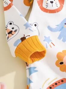 SHEIN Baby Boy Baby Girl Snug Fit Cute Animal Pattern Ribbed Crew Neck Long Sleeve Top And Pajama Pants Set 2pcs, Christmas, New Year, Pajama,Halloween Fall - White - View 4