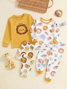 SHEIN Baby Boy Baby Girl Snug Fit Cute Animal Pattern Ribbed Crew Neck Long Sleeve Top And Pajama Pants Set 2pcs, Christmas, New Year, Pajama,Halloween Fall - White - View 7