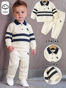 SHEIN Baby Boy Knitted Colorblock Collared Casual Sweatshirt And Long Pants 2 Pieces Set - Multicolor - View 6