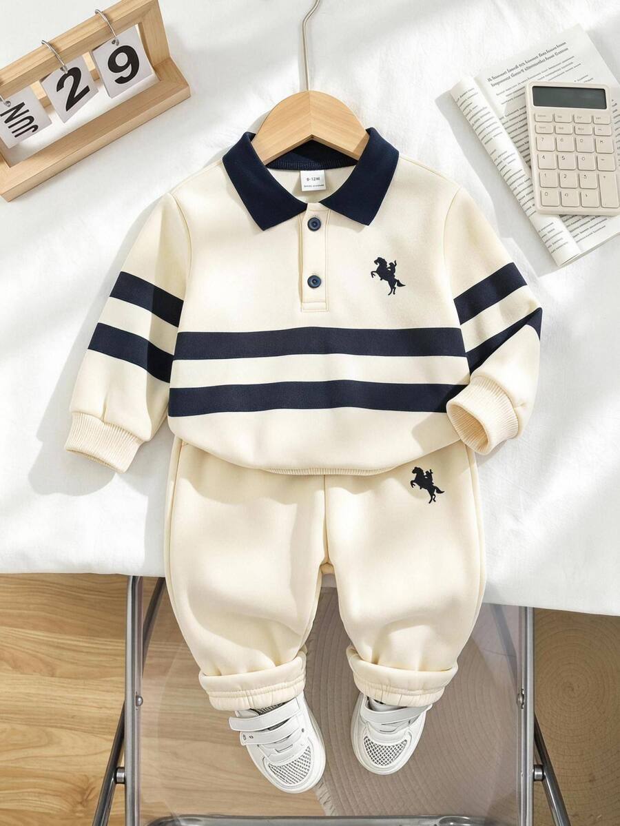 SHEIN Baby Boy Knitted Colorblock Collared Casual Sweatshirt And Long Pants 2 Pieces Set - Multicolor - View 1