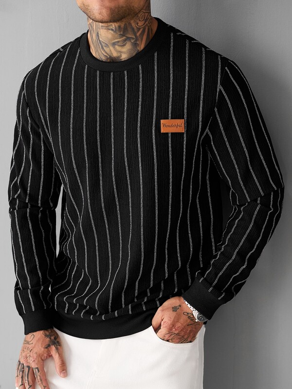 SLATEMANN Men's Striped Contrast Color Denim Long Sleeve Crew Neck Pullover Sweatshirt