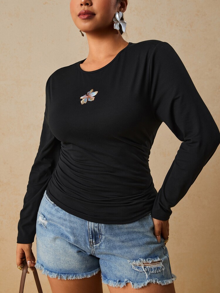 Travachic Plus Size Women's Floral Print Casual Soft Form Versatile Daily Wear T-Shirt Formal Fashion Week Black Summer - Black - View 7