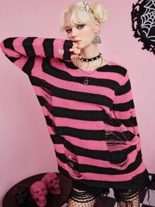 ROMWE Kawaii Women Sweaters Ripped Striped Casual - MultiWarna - View 6