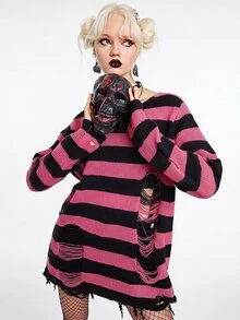 ROMWE Kawaii Women Sweaters Ripped Striped Casual - MultiWarna - View 7