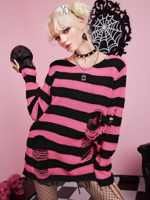 ROMWE Kawaii Women Sweaters Ripped Striped Casual - MultiWarna - View 3