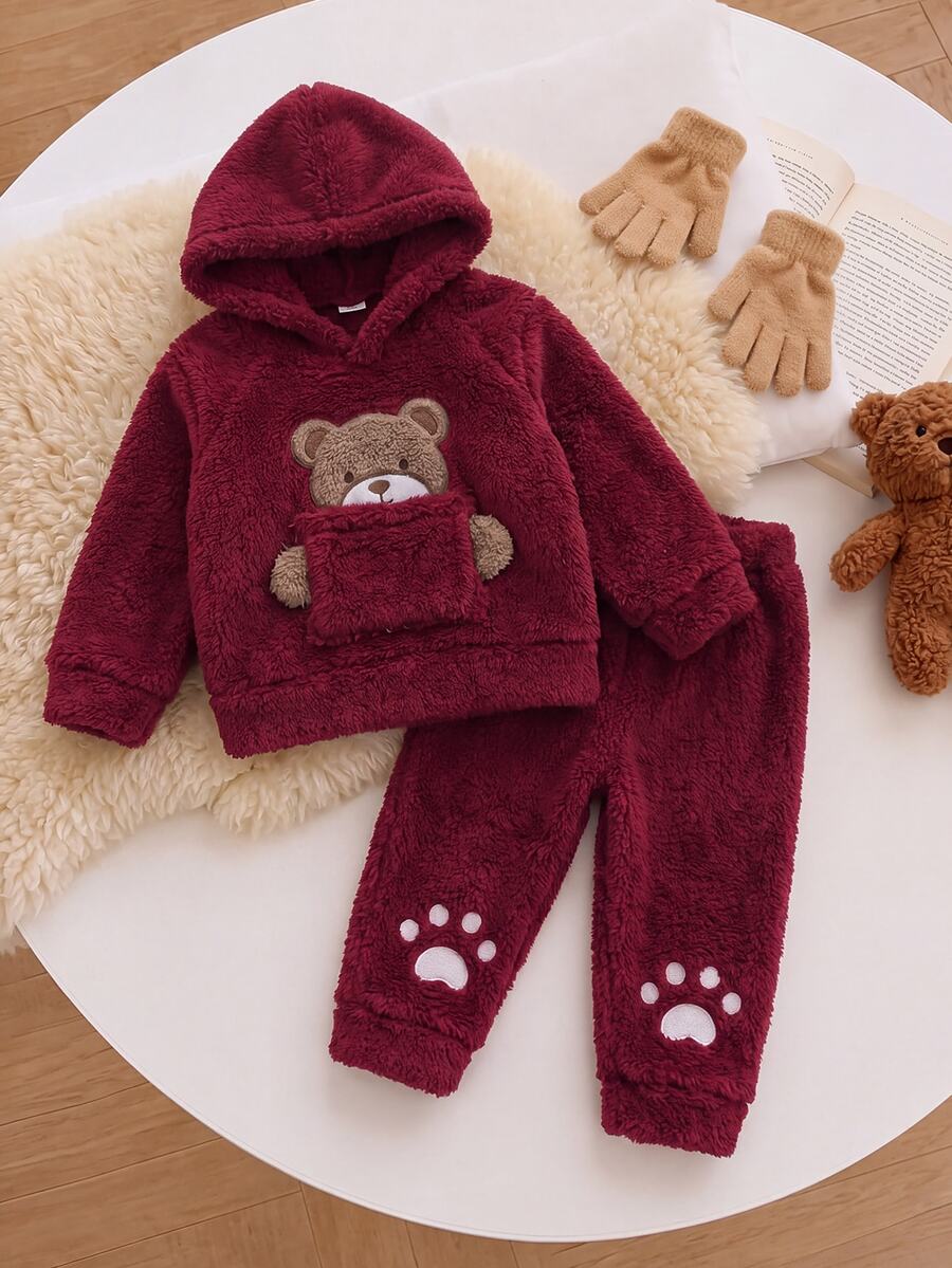SHEIN Vintaside Kids 2Pcs Baby Boys Girls Toddler Casual Playful Outfit, Wine Red Bear Applique & Paw Print With Kangaroo Pocket, Long Sleeve Hooded Top & Cuffed Pants - Red - View 1