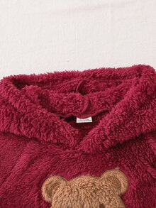 SHEIN Vintaside Kids 2Pcs Baby Boys Girls Toddler Casual Playful Outfit, Wine Red Bear Applique & Paw Print With Kangaroo Pocket, Long Sleeve Hooded Top & Cuffed Pants - Red - View 7