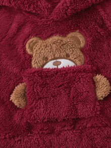 SHEIN Vintaside Kids 2Pcs Baby Boys Girls Toddler Casual Playful Outfit, Wine Red Bear Applique & Paw Print With Kangaroo Pocket, Long Sleeve Hooded Top & Cuffed Pants - Red - View 4