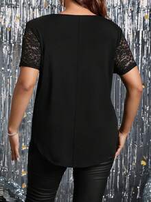 DreamSkyne Women's Plus Summer Fashion Lace Sleeve Loose T-Shirt - Black - View 2