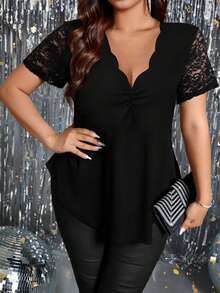 DreamSkyne Women's Plus Summer Fashion Lace Sleeve Loose T-Shirt - Black - View 3
