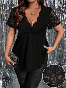 DreamSkyne Women's Plus Summer Fashion Lace Sleeve Loose T-Shirt - Black - View 1