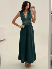 Aloruh New Romantic Modern Dark Green Lace Patchwork Hollow Out Cinched Waist Vacation Date Party Dress - Dark Green - View 2