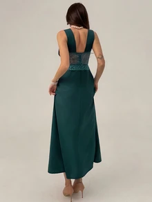 Aloruh New Romantic Modern Dark Green Lace Patchwork Hollow Out Cinched Waist Vacation Date Party Dress - Dark Green - View 5
