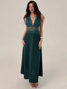 Aloruh New Romantic Modern Dark Green Lace Patchwork Hollow Out Cinched Waist Vacation Date Party Dress - Dark Green - View 3