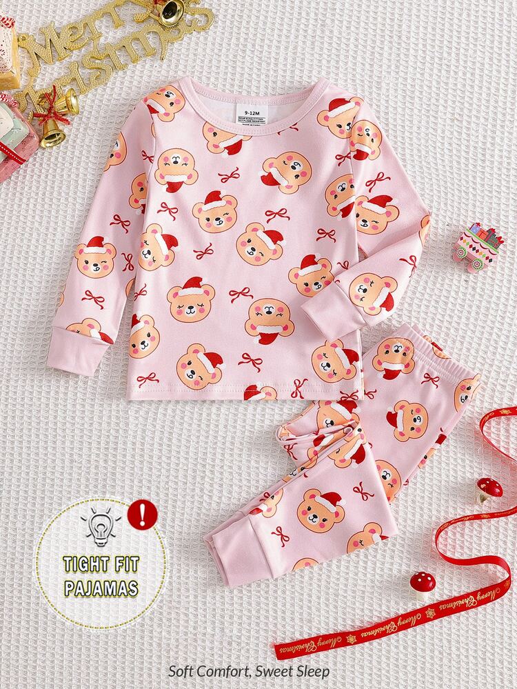 Snug Fit Pajama Set For Baby Girls, Fitted Long Sleeve Top And Pants, Cute Bear With Various Expressions, Christmas Hat And Bow Pattern Print, Comfortable Fabric, Suitable For Girls' Home Wear And Sleepwear - Pink - View 2