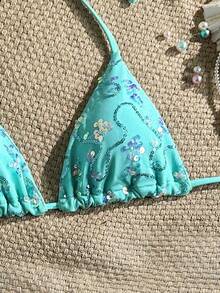 Costavie Top de traje de baño sexy con estampado de conchas doradas aleatorias, cuello halter y copa triangular para vacaciones de verano - Azul menta - Ver 3
