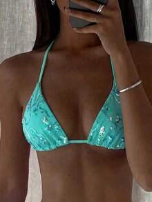 Costavie Top de traje de baño sexy con estampado de conchas doradas aleatorias, cuello halter y copa triangular para vacaciones de verano - Azul menta - Ver 6