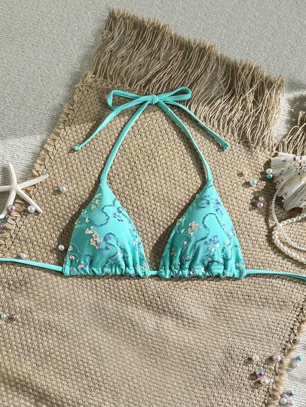 Costavie قطعة علوية ملابس سباحة مثيرة بطبعة صدف ذهبية عشوائية برقبة معلقة وكوب مثلث لعطلة الصيف