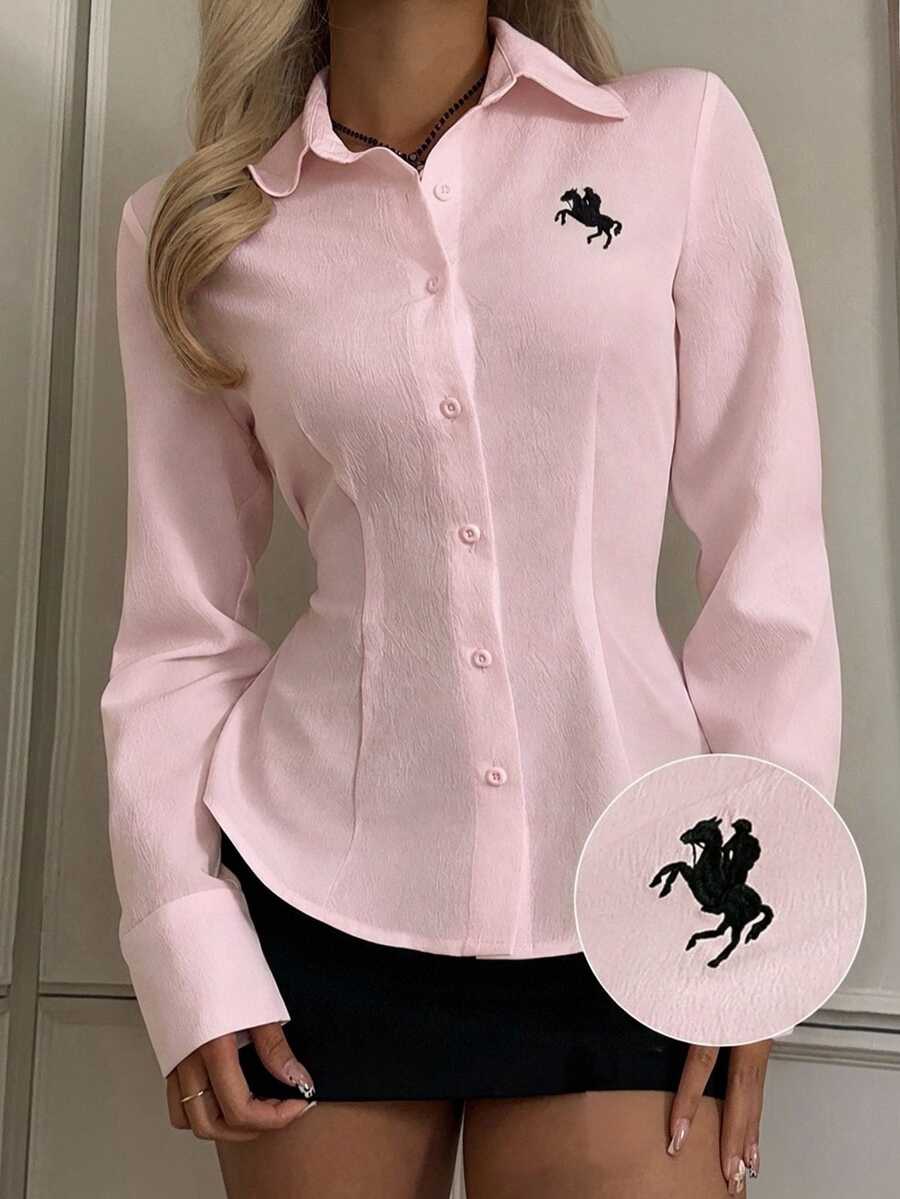 SHEIN EZwear 女款休閒收腰長袖鈕扣襯衫,適合秋冬穿著 - 粉色 - 查看 1