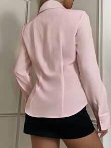 SHEIN EZwear 女款休閒收腰長袖鈕扣襯衫，適合秋冬穿著 - 粉色 - 查看 2