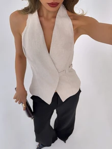 Aloruh Women's Casual/Office Commute Minimalist Solid Oatmeal Backless Halter Neck Top, Summer - Khaki - View 9