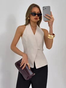 Aloruh Women's Casual/Office Commute Minimalist Solid Oatmeal Backless Halter Neck Top, Summer - Khaki - View 8