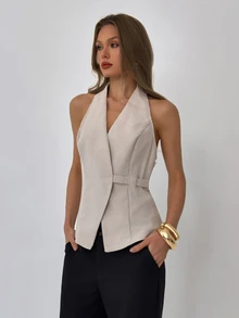 Aloruh Women's Casual/Office Commute Minimalist Solid Oatmeal Backless Halter Neck Top, Summer - Khaki - View 4